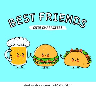Cute, funny happy glass of beer taco hamburger. Vector hand drawn cartoon kawaii characters, illustration icon. Funny happy cartoon glass of beer taco hamburger mascot friends concept