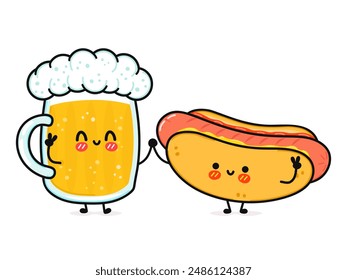 Lindo y divertido vaso de cerveza y perrito caliente. Vector dibujado a mano de dibujos animados kawaii personajes, ilustración icono. Divertido feliz dibujo animado vaso de cerveza y hot dog mascota amigos concepto