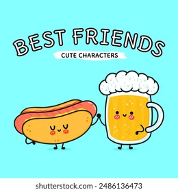 Lindo y divertido vaso de cerveza y perrito caliente. Vector dibujado a mano de dibujos animados kawaii personajes, ilustración icono. Divertido feliz dibujo animado vaso de cerveza y hot dog mascota amigos concepto