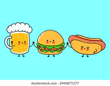 Lindo, divertido vaso feliz de cerveza, hot dog y hamburguesa . Vector dibujado a mano personajes de dibujos animados kawaii, icono de ilustración. Divertido vidrio de dibujos animados de cerveza hot dog y hamburguesa mascota amigos concepto