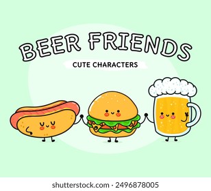 Lindo, divertido vaso feliz de cerveza, hot dog y hamburguesa . Vector dibujado a mano personajes de dibujos animados kawaii, icono de ilustración. Divertido vidrio de dibujos animados de cerveza hot dog y hamburguesa mascota amigos concepto