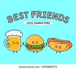 Lindo, divertido vaso feliz de cerveza, hot dog y hamburguesa . Vector dibujado a mano personajes de dibujos animados kawaii, icono de ilustración. Divertido vidrio de dibujos animados de cerveza hot dog y hamburguesa mascota amigos concepto