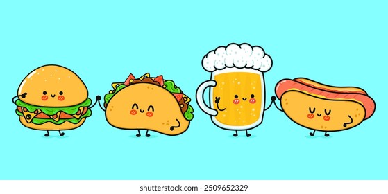 Bonito, engraçado copo feliz de cerveja, cachorro-quente, hambúrguer, taco . Personagens kawaii desenhados à mão vetor, ícone de ilustração. Engraçado vidro de desenho animado de cerveja, cachorro-quente, hambúrguer, conceito de amigos mascote de taco