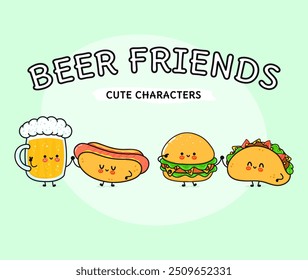 Lindo, divertido vaso feliz de cerveza, hot dog, hamburguesa, taco . Vector dibujado a mano personajes de dibujos animados kawaii, icono de ilustración. Vaso divertido de la historieta de la cerveza, perro caliente, hamburguesa, concepto de los amigos de la mascota del taco