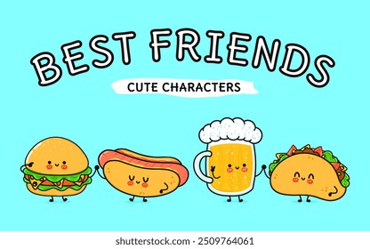 Cute, funny happy glass of beer, hot dog, hamburger, taco . Vector hand drawn cartoon kawaii characters, illustration icon. Funny cartoon glass of beer, hot dog, hamburger, taco mascot friends concept