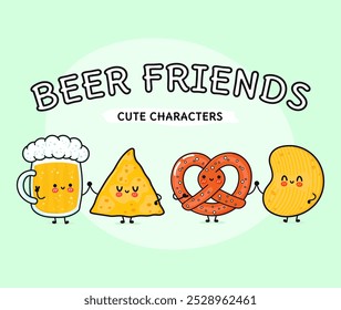 Nettes, lustiges fröhliches Glas Bier, Nachos, Chips, Brezel. Handgezeichnete Cartoon-Kawaii-Zeichen, Illustrationssymbol. Lustige Cartoon Glas Bier, nachos Bretzel Chips Maskottchen Freunde Konzept