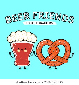 Vaso feliz lindo, divertido de cerveza y pretzel. Vector dibujado a mano personajes de dibujos animados kawaii, icono de ilustración. Divertido vidrio de dibujos animados de cerveza y pretzel concepto de personaje de mascota