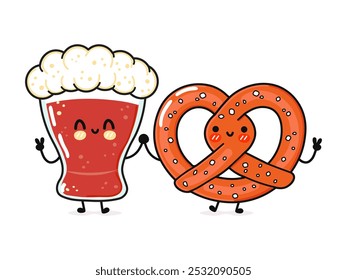 Cute, funny happy glass of beer and pretzel. Vector hand drawn cartoon kawaii characters, illustration icon. Funny cartoon glass of beer and pretzel mascot character concept