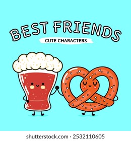 Cute, funny happy glass of beer and pretzel. Vector hand drawn cartoon kawaii characters, illustration icon. Funny cartoon glass of beer and pretzel mascot character concept