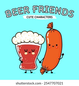 Cute, funny happy glass of beer and sausage. Vector hand drawn cartoon kawaii characters, illustration icon. Funny cartoon glass of beer and sausage mascot character concept