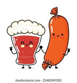 Vaso feliz lindo, divertido de cerveza y salchicha. Vector dibujado a mano personajes de dibujos animados kawaii, icono de ilustración. Divertido vidrio de dibujos animados de cerveza y salchicha concepto de personaje de mascota