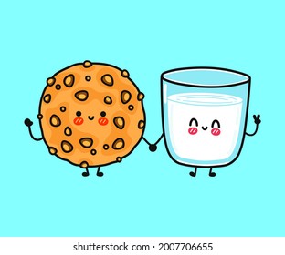 Cute, funny happy glass of milk and  oatmeal cookies character. Vector hand drawn cartoon kawaii characters, illustration icon. Funny cartoon glass of milk and oatmeal cookies friends concept