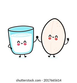 Cute, funny happy glass of milk and rice character. Rice milk. Vector hand drawn cartoon kawaii characters, illustration icon. Funny cartoon glass of milk and rice friends concept
