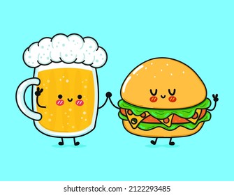 Cute, funny happy hamburger and beer. Vector hand drawn cartoon kawaii characters, illustration icon. Funny cartoon hamburger and beer mascot character concept emoji,child,baby,face,adorable,kids