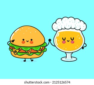 Cute, funny happy hamburger and beer. Vector hand drawn cartoon kawaii characters, illustration icon. Funny cartoon hamburger and beer mascot character concept emoji,child,baby,face,adorable,kids