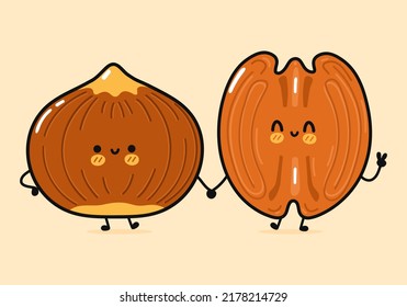 Cute, funny happy hazelnut and pecan character. Vector hand drawn cartoon kawaii characters, illustration icon. Funny cartoon hazelnut and macadamia friends