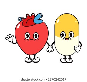 Cute, funny happy heart and pill character. Vector hand drawn cartoon kawaii characters, illustration icon. Funny cartoon heart and pill friends concept