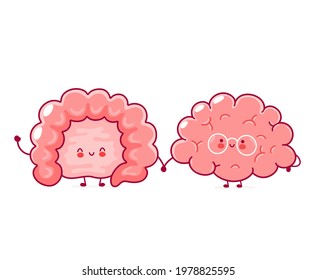 Cute funny happy human intestine and brain organs. Vector hand drawn cartoon kawaii character illustration icon. Isolated on white background. Brain and intestine cartoon doodle character concept