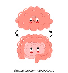 Cute funny happy human intestine and brain organs and circle arrows.Vector cartoon kawaii character illustration icon.Isolated on white background.Brain and intestine cartoon doodle character concept