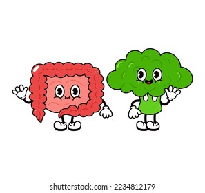 Cute, funny happy intestines and broccoli character. Vector hand drawn cartoon kawaii characters, illustration icon. Funny cartoon intestines and broccoli friends concept