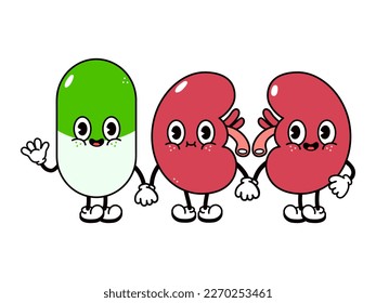 Cute, funny happy kidneys and pill character. Vector hand drawn cartoon kawaii characters, illustration icon. Funny cartoon kidneys and pill friends concept