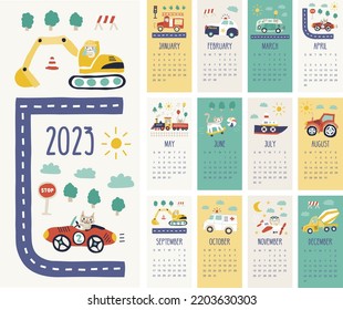 cute funny happy kids 2023 calendar for little kids boys children baby with cars, train, plane, cats, mixer, truck, van in pastel colours