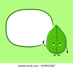 Cute funny happy kratom leaf cube character with text box. Vector flat line cartoon kawaii character illustration icon. Kratom leaf character  concept