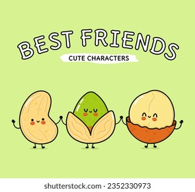 Cute, funny happy macadamia, pistachio and cashews. Vector hand drawn cartoon kawaii characters, illustration icon. Funny cartoon macadamia, pistachio and cashew nut mascot friends concept