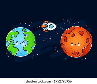 Cute funny happy Mars and Earth planet. Rocket, space ship flying mission. Vector hand drawn cartoon kawaii character illustration icon. Space exploration, Mars and Earth planet character concept