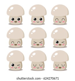 Cute, funny and happy mushroom set character. Vegetables vector illustration