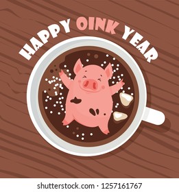 Cute and funny Happy New Year of 2019 greeting card , year of a pig. Cute pigglet chilling in a cup of winer drink. Excellent for the design of postcard, poster, sticker, banner and so on.