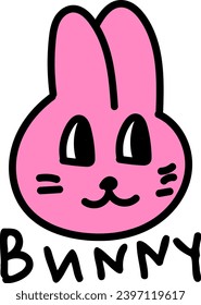 Cute, funny, happy, nice, smiling, bright, pink bunny, rabbit, hare, cartoon character. Vector kids illustration. 
