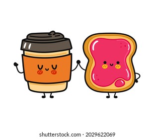 Cute, funny happy paper cup and toast with jam character. Vector hand drawn cartoon kawaii characters, illustration icon. Funny cartoon paper cup and toast with jam friends concept