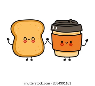 Cute, funny happy paper cup and toast character. Vector hand drawn cartoon kawaii characters, illustration icon. Funny cartoon paper cup and toast friends concept