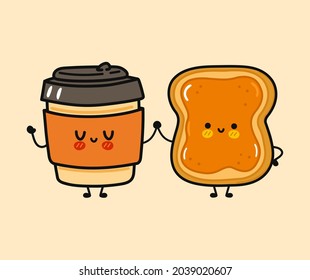 Cute, Funny Happy Paper Cup And Toast With Peanut Butter Character. Vector Hand Drawn Cartoon Kawaii Characters, Illustration Icon. Funny Cartoon Paper Cup And Toast With Peanut Butter Friends Concept