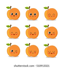 Cute, funny and happy peach set character. Fruits vector illustration