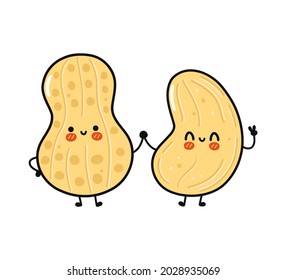Cute, funny happy peanut and cashew character. Vector hand drawn cartoon kawaii characters, illustration icon. Funny cartoon peanut and cashew friends concept