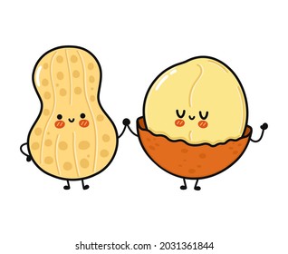 Cute, funny happy peanut and macadamia character. Vector hand drawn cartoon kawaii characters, illustration icon. Funny cartoon peanut and macadamia friends concept