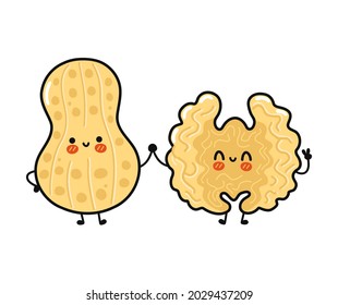 Cute, funny happy peanut and walnut character. Vector hand drawn cartoon kawaii characters, illustration icon. Funny cartoon peanut and walnut friends concept