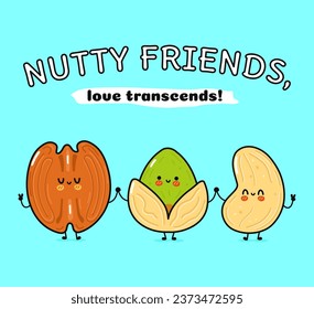 Cute, funny happy pecan, pistachio and cashews. Vector hand drawn cartoon kawaii characters, illustration icon. Funny cartoon pecan, pistachio and cashew nut mascot friends concept