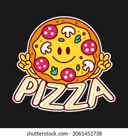 Cute funny happy pizza show peace gesture logo. Vector doodle line cartoon kawaii character illustration icon. Pizza quote logo concept