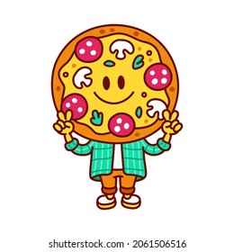 Cute funny happy pizza show peace gesture. Vector doodle line cartoon kawaii character illustration icon. Isolated on white background. Pizza cartoon mascot concept