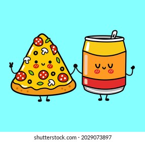 Cute, funny happy pizza and soda character. Vector hand drawn cartoon kawaii characters, illustration icon. Funny cartoon pizza and soda friends concept