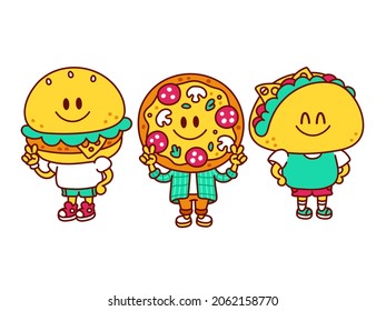 Cute funny happy pizza,burger,taco mascot set collection. Vector doodle line cartoon kawaii character illustration icon. Isolated on white background. Pizza,taco,burger,food cartoon mascot concept