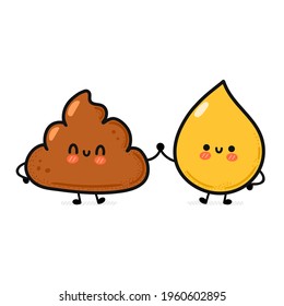 Cute funny happy poop and urine drop friends. Vector hand drawn cartoon kawaii character illustration icon. Isolated on white background. Funny cartoon poop, shit and urine mascot character concept