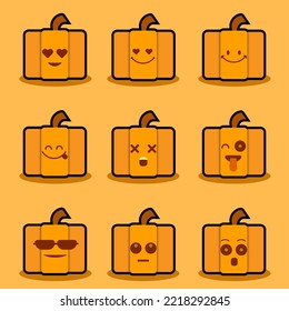 Cute, funny and happy pumpkin character set. Vegetable vector illustration