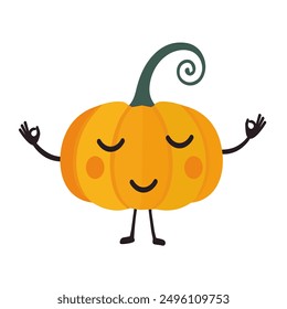 Cute, funny and happy pumpkin, peace of mind, yoga, meditation. Vegetables vector illustration.