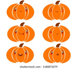 Cute, funny and happy pumpkin set character. Vegetables vector illustration