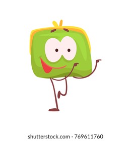 Cute funny happy purse character, green humanized pouch cartoon vector illustration