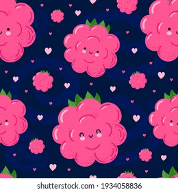 Cute funny happy raspberries and hearts seamless pattern. Vector kawaii cartoon illustration icon design. Cute raspberries seamless pattern concept